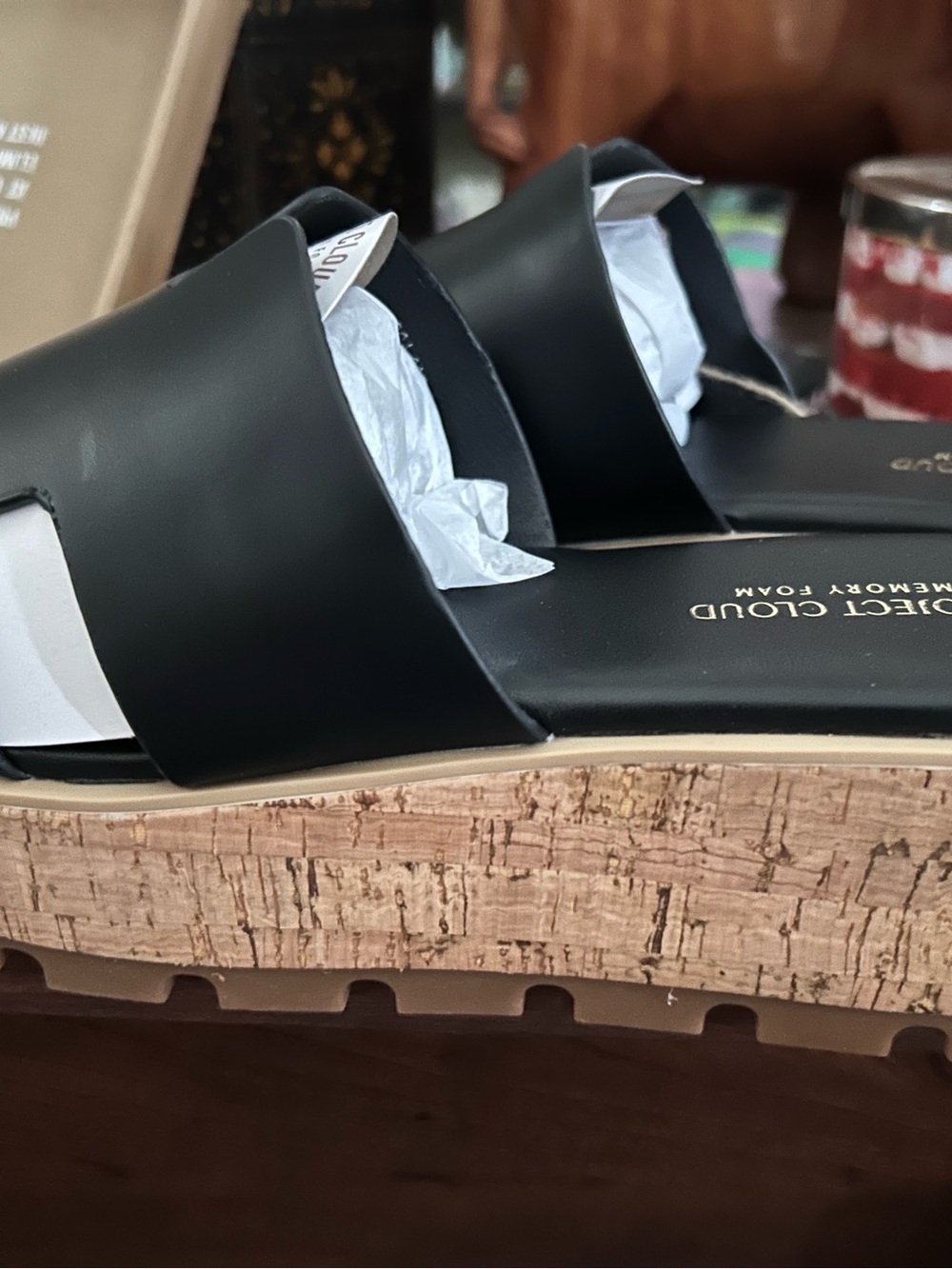 Men's Black Cork-Platform Slide Sandals with Dual Straps